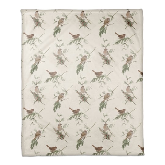 Pine &#x26; Birds on White Coral Fleece Blanket